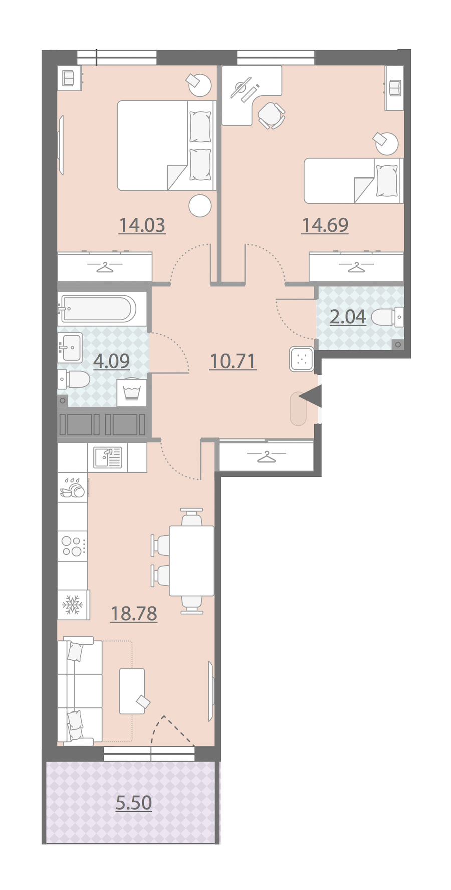 Двухкомнатная квартира в : площадь 67.09 м2 , этаж: 7 – купить в Санкт-Петербурге